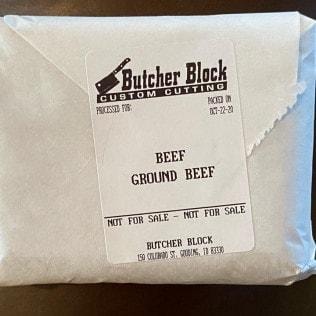 Butcher Block Custom Cutting ground beef package, processed and labeled in Gooding, ID